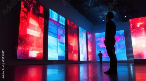 Minimalist exhibition hall with interactive digital screens showcasing art, modern design,