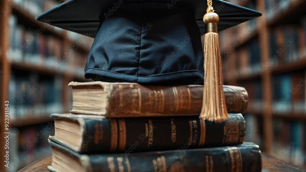 A graduation cap with a tassel is placed on top of old books ...