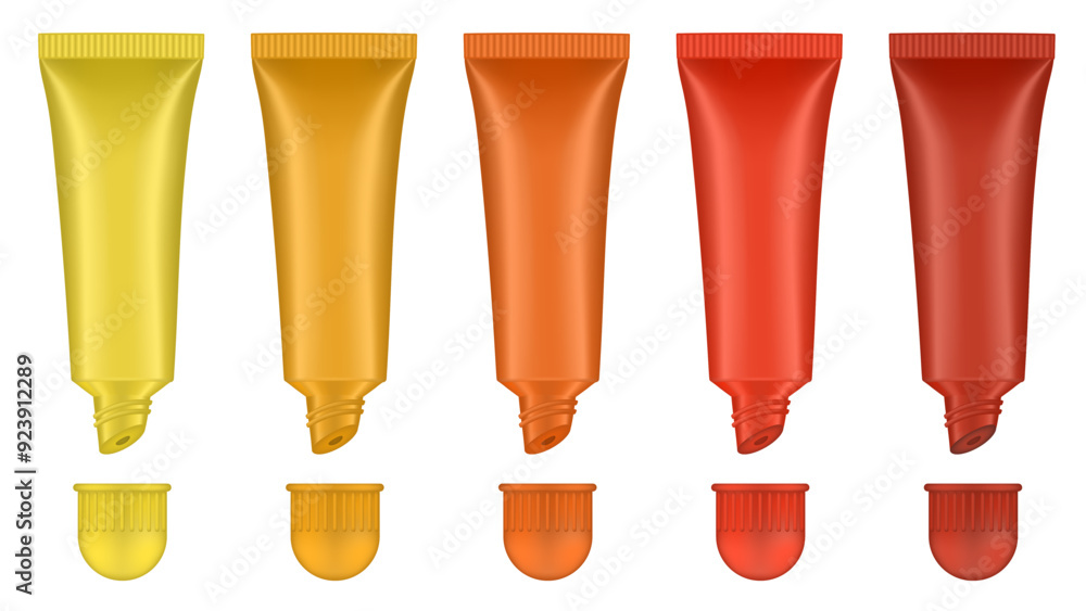 Set of lip gloss tubed. Lip, eye cream, serum. Cosmetic product container mockup. Yellow, orange, gold and red bottles with round cap
Set of lip gloss tubed. Lip, eye cream, serum. Cosmetic product container mockup. Yellow, orange, gold and red bottles with round cap
