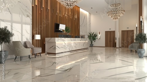 Modern Hotel Lobby with Marble Flooring and Wooden Accents