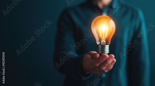 A person holding a glowing light bulb, symbolizing ideas, innovation, and inspiration against a dark background.