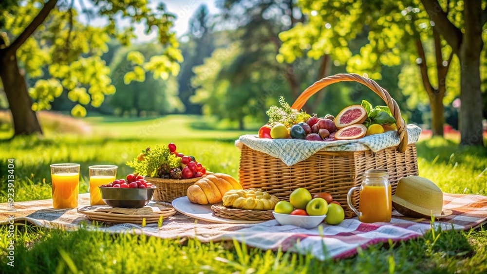 Vibrant picnic spread on a duvet mat in a lush green summer park, featuring a wicker basket, fresh fruit, and delicious food on a sunny day. Vibrant picnic spread on a duvet mat in a lush green summer park, featuring a wicker basket, fresh fruit, and delicious food on a sunny day.
