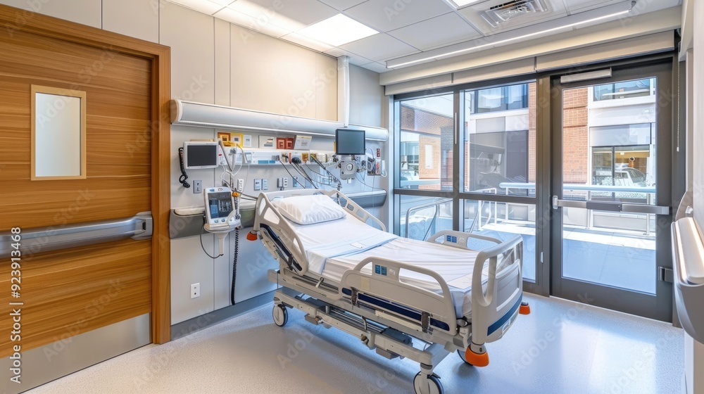 the interior of a modern hospital room equipped with high-tech equipment for condition monitoring, intensive care unit and ambulance, light shades the interior of a modern hospital room equipped with high-tech equipment for condition monitoring, intensive care unit and ambulance, light shades