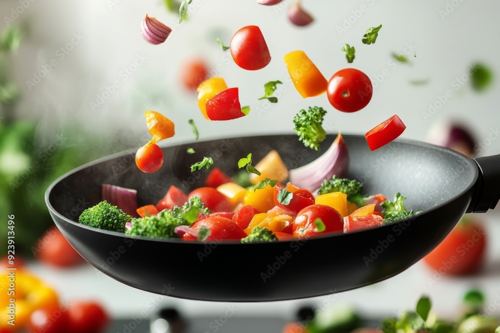 Vegetables Falling into a Black Frying Pan: A Visual Representation of Healthy Eating and Nutritious Food Concepts Vegetables Falling into a Black Frying Pan: A Visual Representation of Healthy Eating and Nutritious Food Concepts