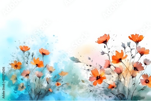 Watercolor floral background with poppies flowers