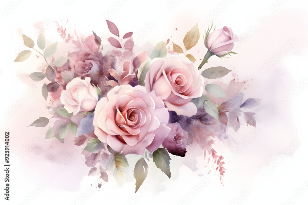 Watercolor bouquet of pink roses with eucalyptus leaves isolated on white background Watercolor bouquet of pink roses with eucalyptus leaves isolated on white background