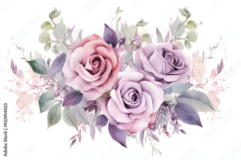 Watercolor bouquet of pink roses with eucalyptus leaves isolated on white background Watercolor bouquet of pink roses with eucalyptus leaves isolated on white background