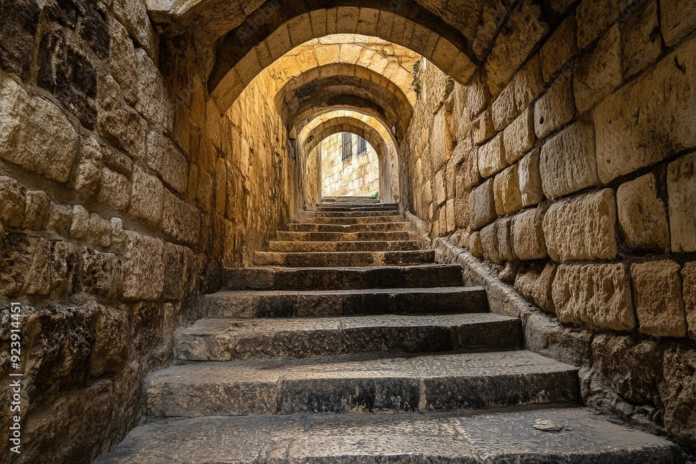 Fototapeta premium Jerusalem Alley. Stone Stairway and Archway in Old City Passageway