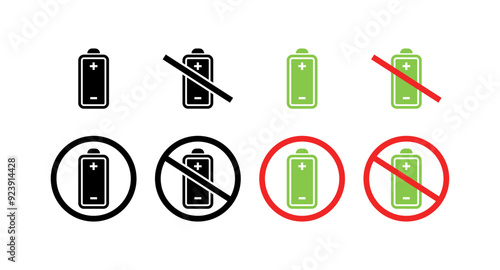 Battery set icons. Prohibitory sign icons. Flat and silhouette style. Vector icons.