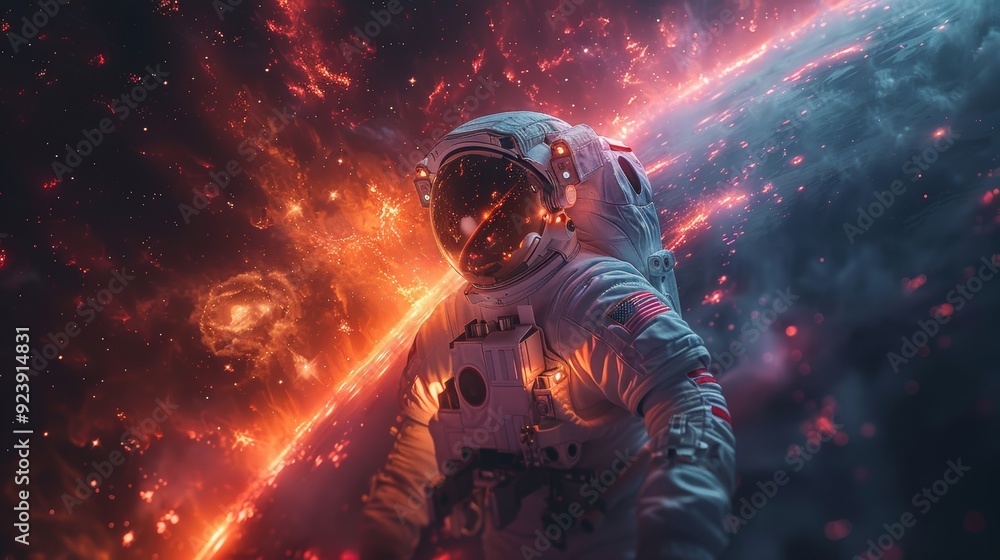 Fototapeta premium Astronaut bathed in orange light, navigating the cosmos amidst colorful nebulae and twinkling stars.