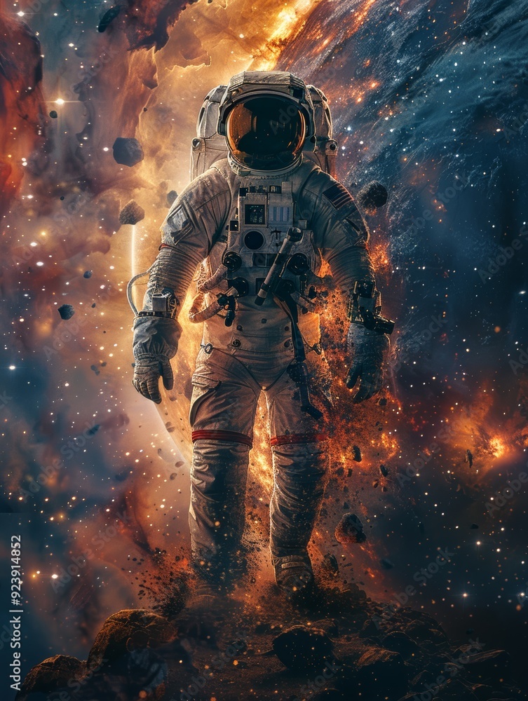 Astronaut bathed in orange light, navigating the cosmos amidst colorful nebulae and twinkling stars. Astronaut bathed in orange light, navigating the cosmos amidst colorful nebulae and twinkling stars.