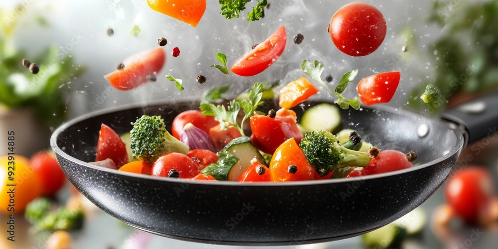 Vegetables Falling into a Black Frying Pan: A Visual Representation of Healthy Eating and Nutritious Food Concepts Vegetables Falling into a Black Frying Pan: A Visual Representation of Healthy Eating and Nutritious Food Concepts