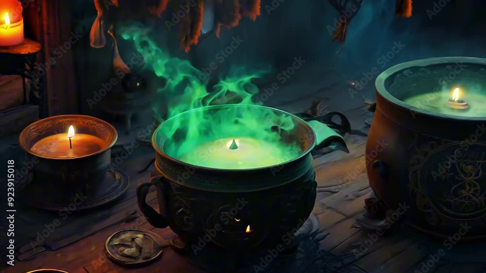 A burning cauldron emits green smoke in a dimly lit room A burning cauldron emits green smoke in a dimly lit room