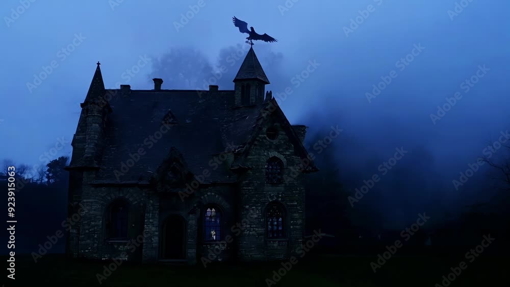An old stone building looms in the fog under a dark blue sky An old stone building looms in the fog under a dark blue sky