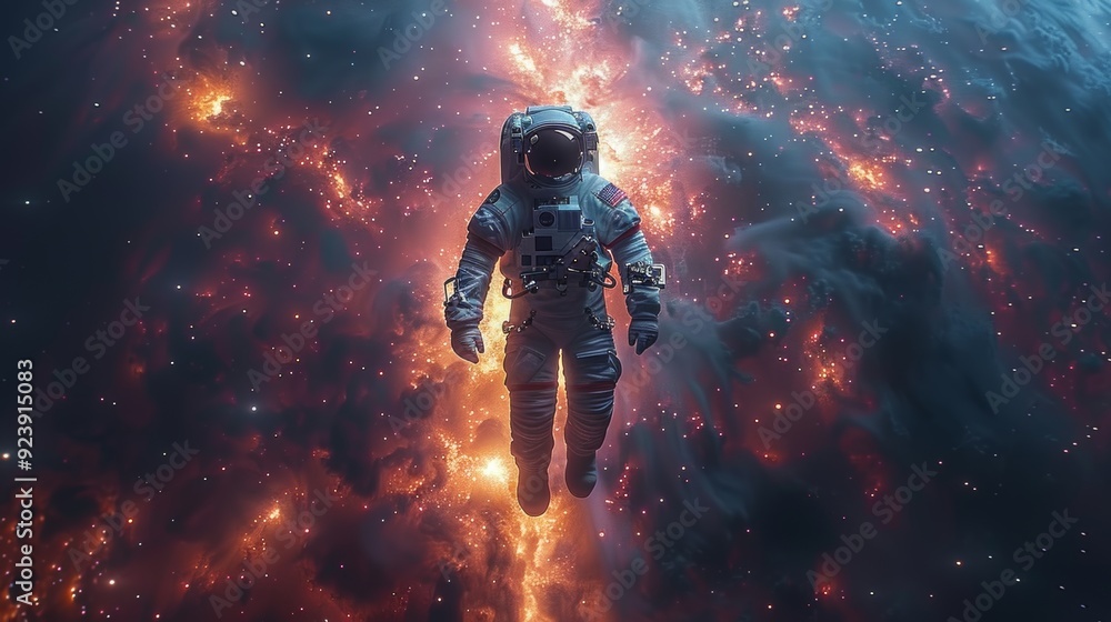 Astronaut bathed in orange light, navigating the cosmos amidst colorful nebulae and twinkling stars. Astronaut bathed in orange light, navigating the cosmos amidst colorful nebulae and twinkling stars.