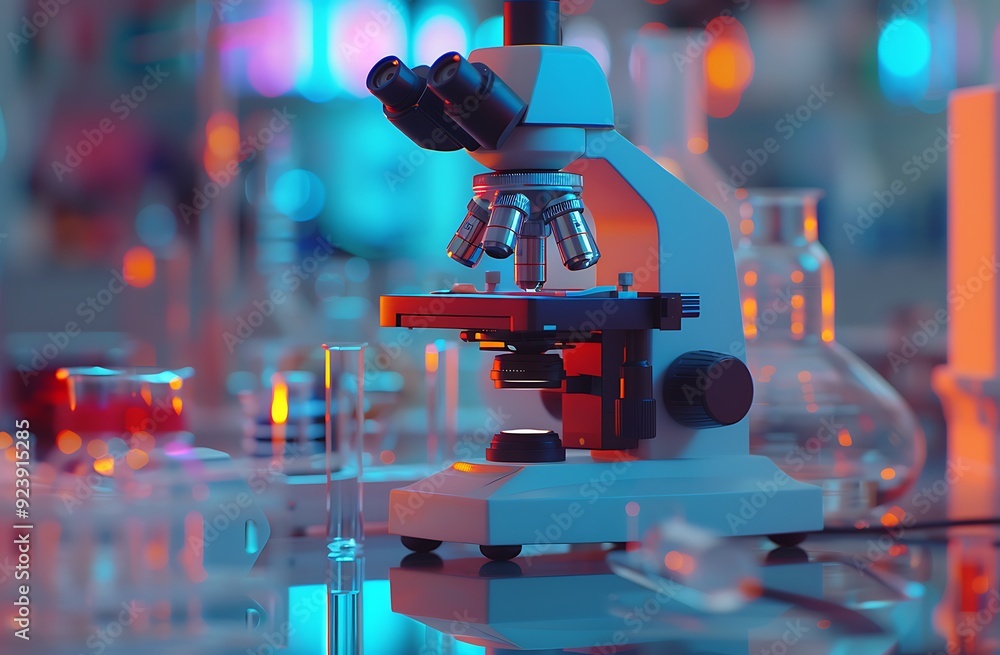 A closeup of an advanced microscope in the foreground, with laboratory equipment and test tubes blurred out behind it. The background is softly focused to create depth, A closeup of an advanced microscope in the foreground, with laboratory equipment and test tubes blurred out behind it. The background is softly focused to create depth,