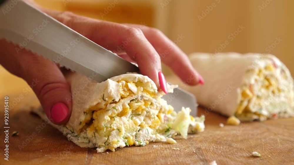 Cut the vegetable roll into pieces with a knife. Vegetarian food. Cut the vegetable roll into pieces with a knife. Vegetarian food.