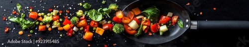Vegetables Falling into a Black Frying Pan: A Visual Representation of Healthy Eating and Nutritious Food Concepts