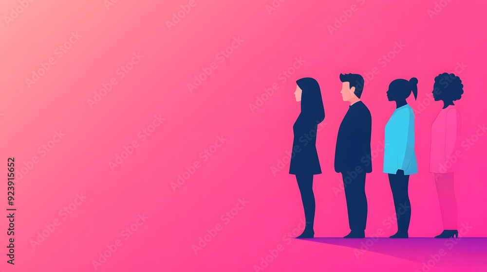 Silhouettes of four people standing in line, facing right, on a pink background. Silhouettes of four people standing in line, facing right, on a pink background.