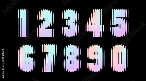 Numbers from 1 to 10 with the effect of glass, refraction. Hologram break numbers on black background. Vector cartoon illustration