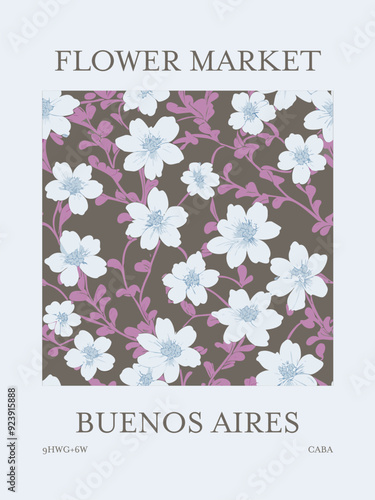 Flower market poster. Buenos Aires, Argentina. Featuring flowers in bloom.