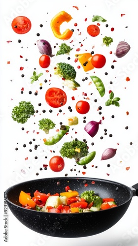 Vegetables Falling into a Black Frying Pan: A Visual Representation of Healthy Eating and Nutritious Food Concepts