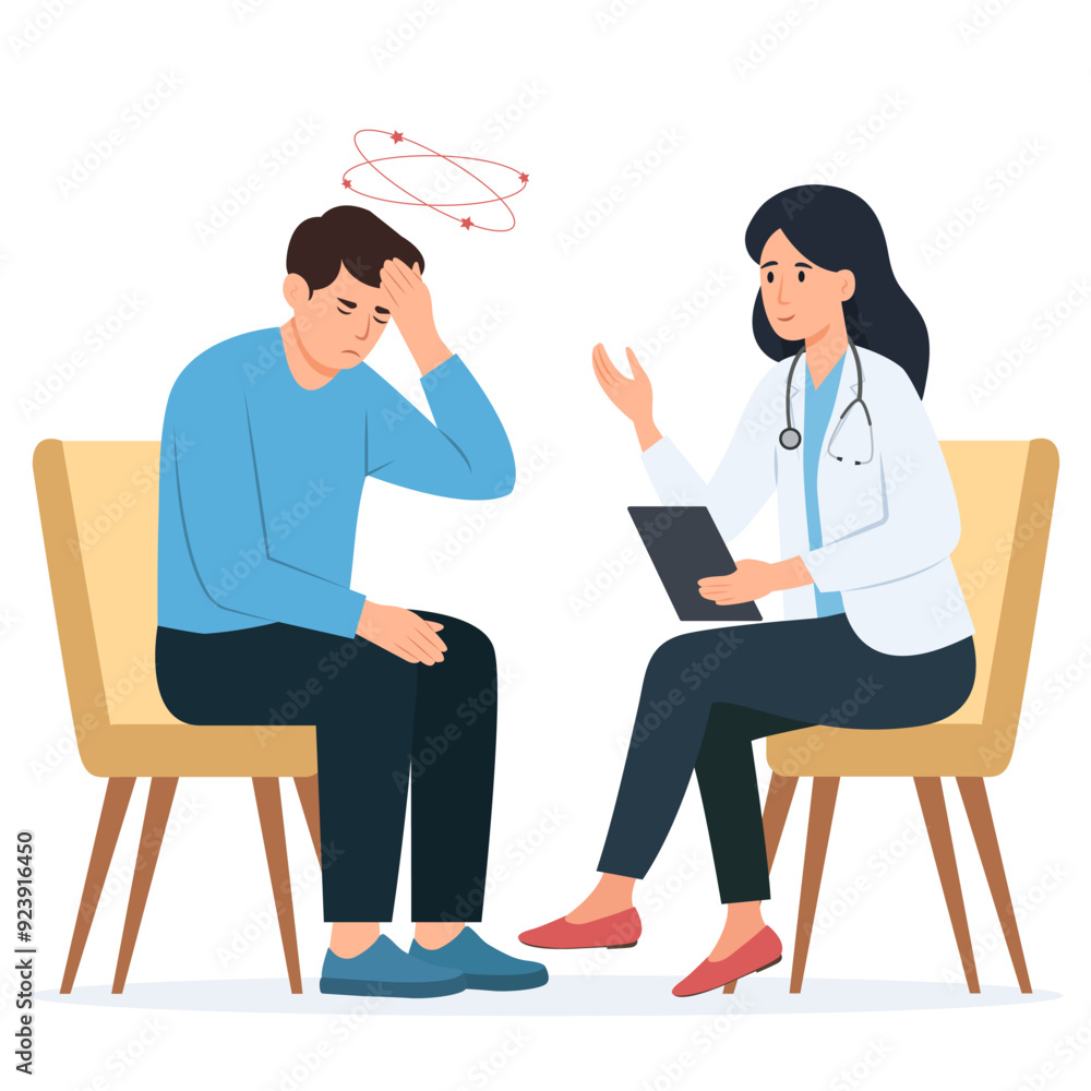 Man with vertigo visits doctor. Physician consults patient, diagnoses, prescribes treatment.Vector flat illustration. Man with vertigo visits doctor. Physician consults patient, diagnoses, prescribes treatment.Vector flat illustration.