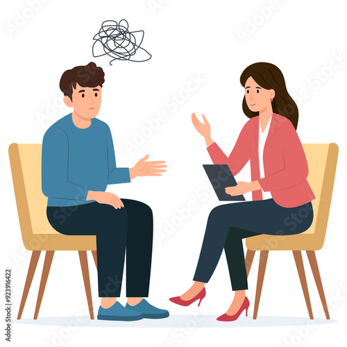 Psychology therapy counseling. Psychologist talking with patient. Man with stress, depression or mental problem.Vector illustration.
