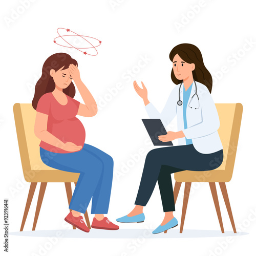 Pregnant woman with vertigo at a doctor's appointment.Anemia, dizziness.Woman and the doctor are talking in the office.Monitoring pregnancy and healthy.Vector illustration