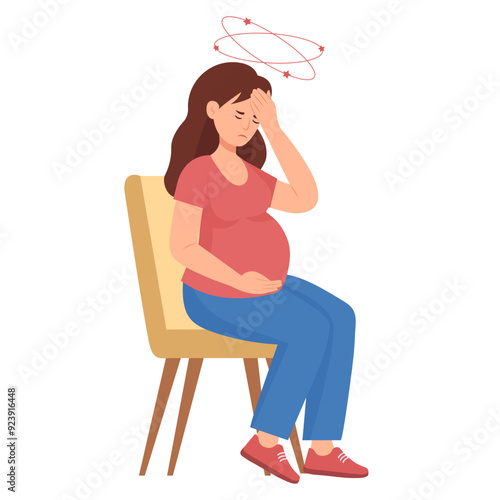 Anemia concept. Sad pregnant woman with dizziness. Lack of iron in immune system. Vector illustration