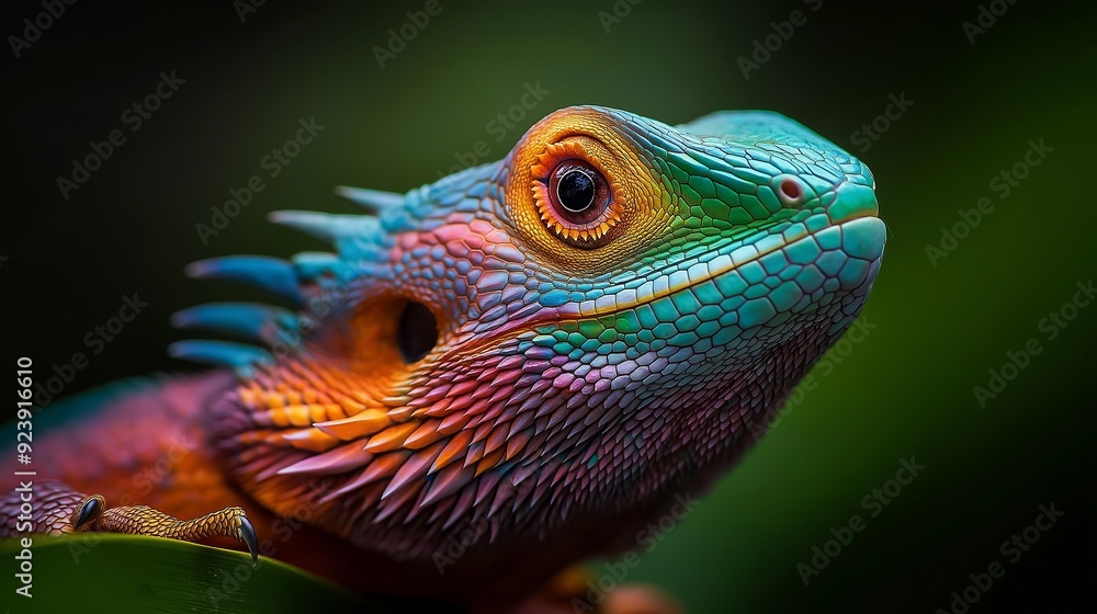 Obraz premium A colorful parrot dragon displays its vivid scales while resting on a leaf in a lush environment.