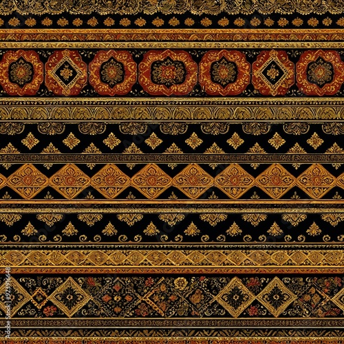 A vibrant striped design featuring black, red, and gold colors