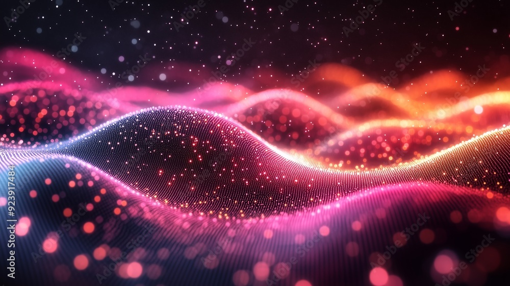 Colorful abstract waves with sparkling particles in a dark background Colorful abstract waves with sparkling particles in a dark background