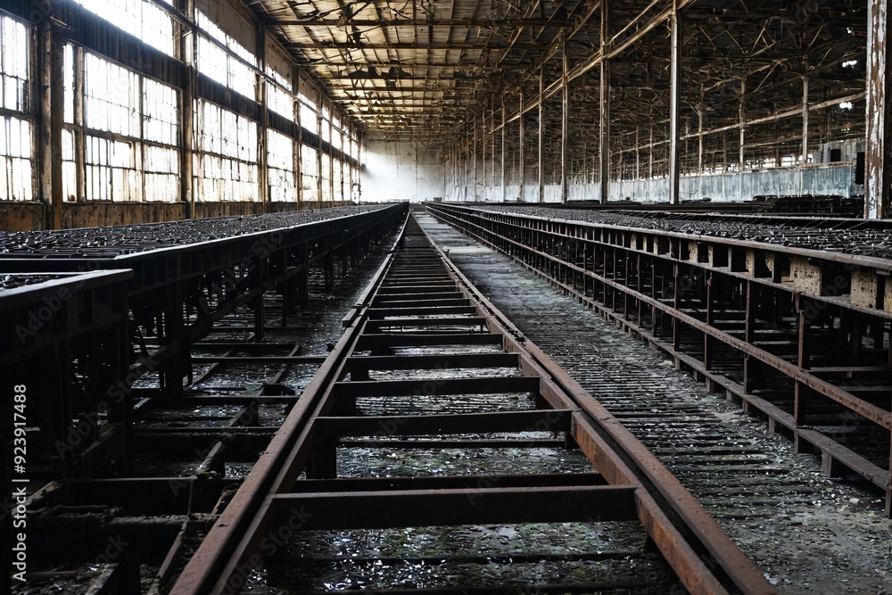 Train track inside an old building with many windows