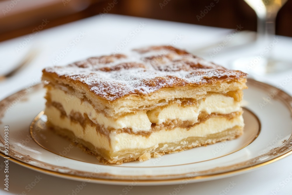 Delicious mille-feuille pastry on elegant plate Delicious mille-feuille pastry on elegant plate