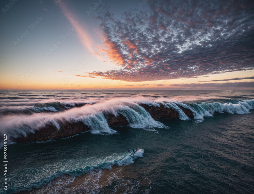 Fototapeta premium Exquisite Sunset Over Rugged Ocean Waves at Coastal Location on a Tranquil Evening