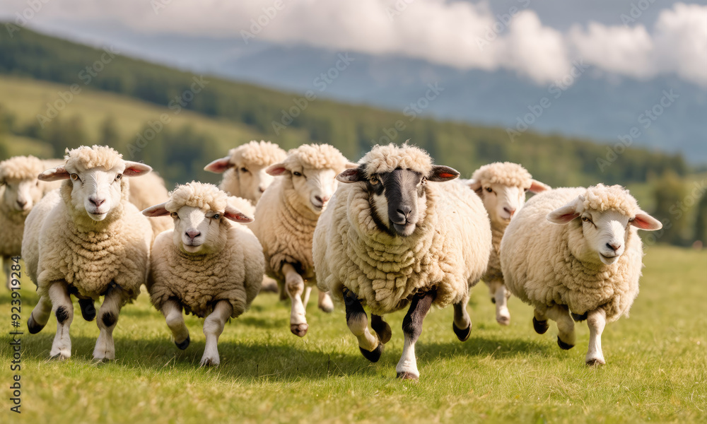 Fototapeta premium Flock of Sheep Running Energetically Across Green Meadow in Mountainous Landscape During Daytime