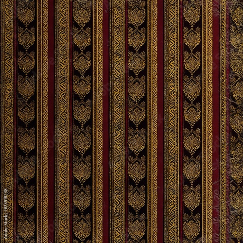 A red and black striped wallpaper with intricate gold designs