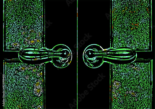 There is a beautiful garden behind the doors. The background is an image.A glass door with transparent glass through which flowers can be seen.