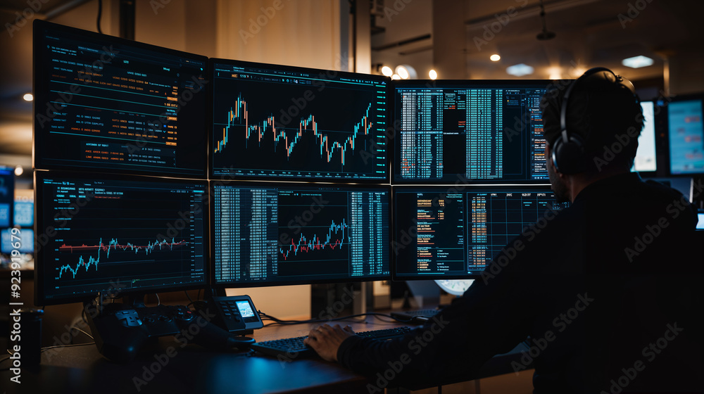 A trader working in six screens with stock graphs