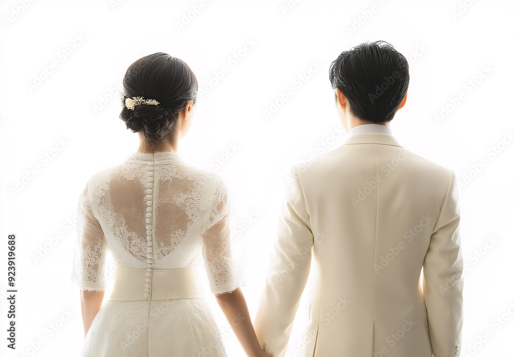 A bride and groom are standing in front of a white background A bride and groom are standing in front of a white background