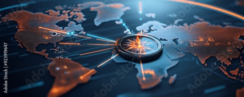 A mesmerizing view of a world map illuminated by a digital compass, blending technology with geographical artistry in stunning detail.