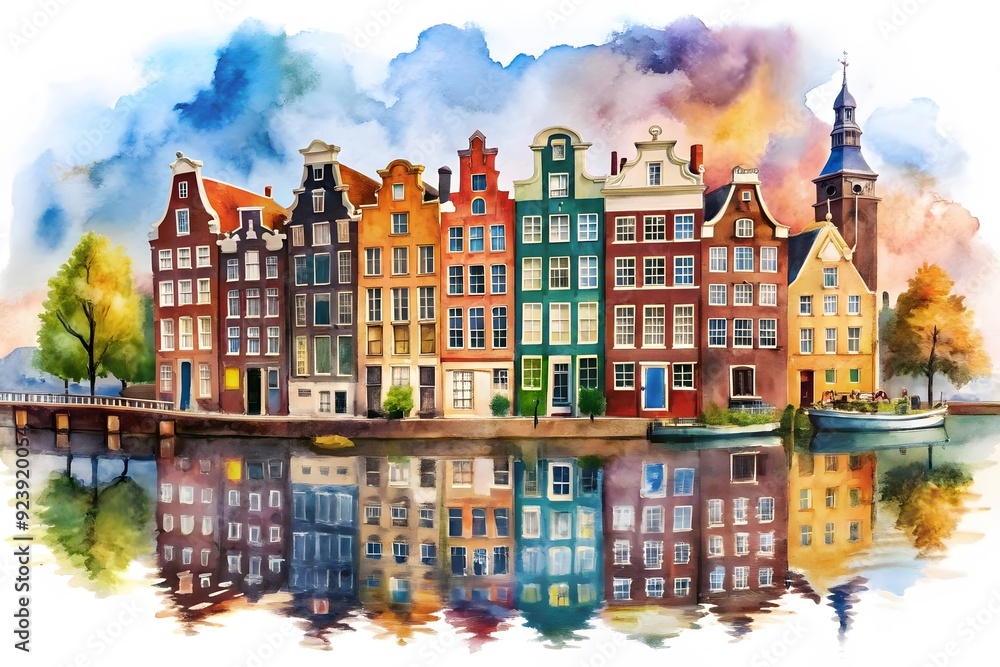 Fototapeta premium Traditional houses beside a canal in Leiden - South Holland, the Netherlands 