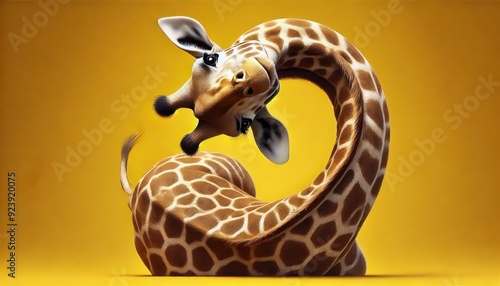 Giraffe Twisting Its Neck: A giraffe twisting its neck in a curious way on a bright yellow background