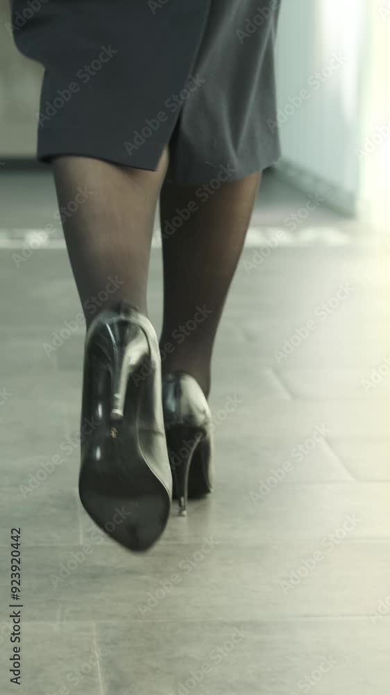 Close up shot of an elegant Caucasian female employee wearing skirt, legs on high heels walking in the modern office corridor. Vertical video. Close up shot of an elegant Caucasian female employee wearing skirt, legs on high heels walking in the modern office corridor. Vertical video.