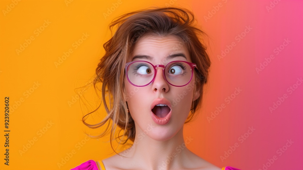 Surprised woman with glasses making a funny face against a vibrant orange and pink gradient background. Concepts of emotion, humor, and expressive reactions. Surprised woman with glasses making a funny face against a vibrant orange and pink gradient background. Concepts of emotion, humor, and expressive reactions.
