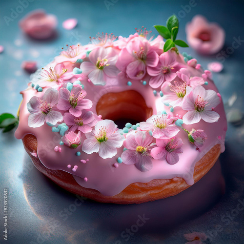 Rosquinha com glacê rosa, coberta de pequenas flores. Glace escorrendo pelos lados. Tons de azul, rosa, verde. photo