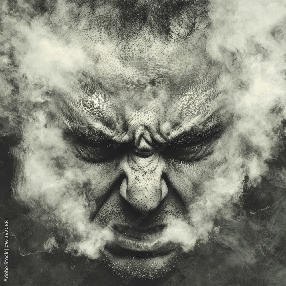 A man expressing intense emotions with steam and smoke swirling around his face in a dark setting A man expressing intense emotions with steam and smoke swirling around his face in a dark setting