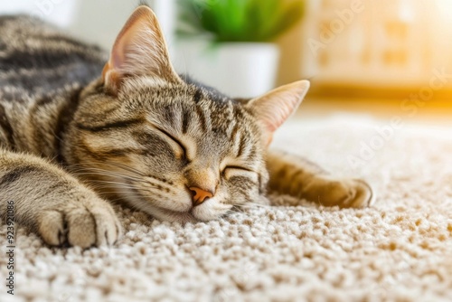 Tranquil cat napping peacefully on cozy carpet