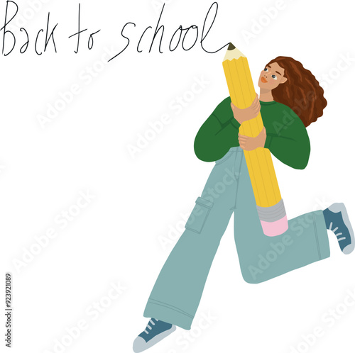 Illustration jeune fille tient crayon texte modifiable retour à l'école vecteur